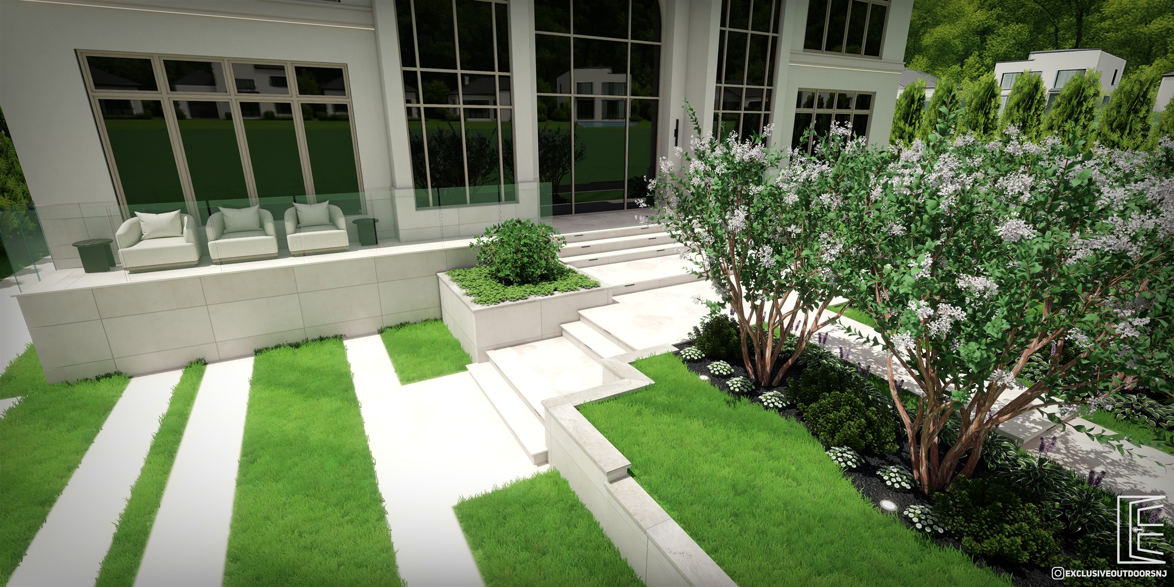 Landscaped entry terrace with flowering trees