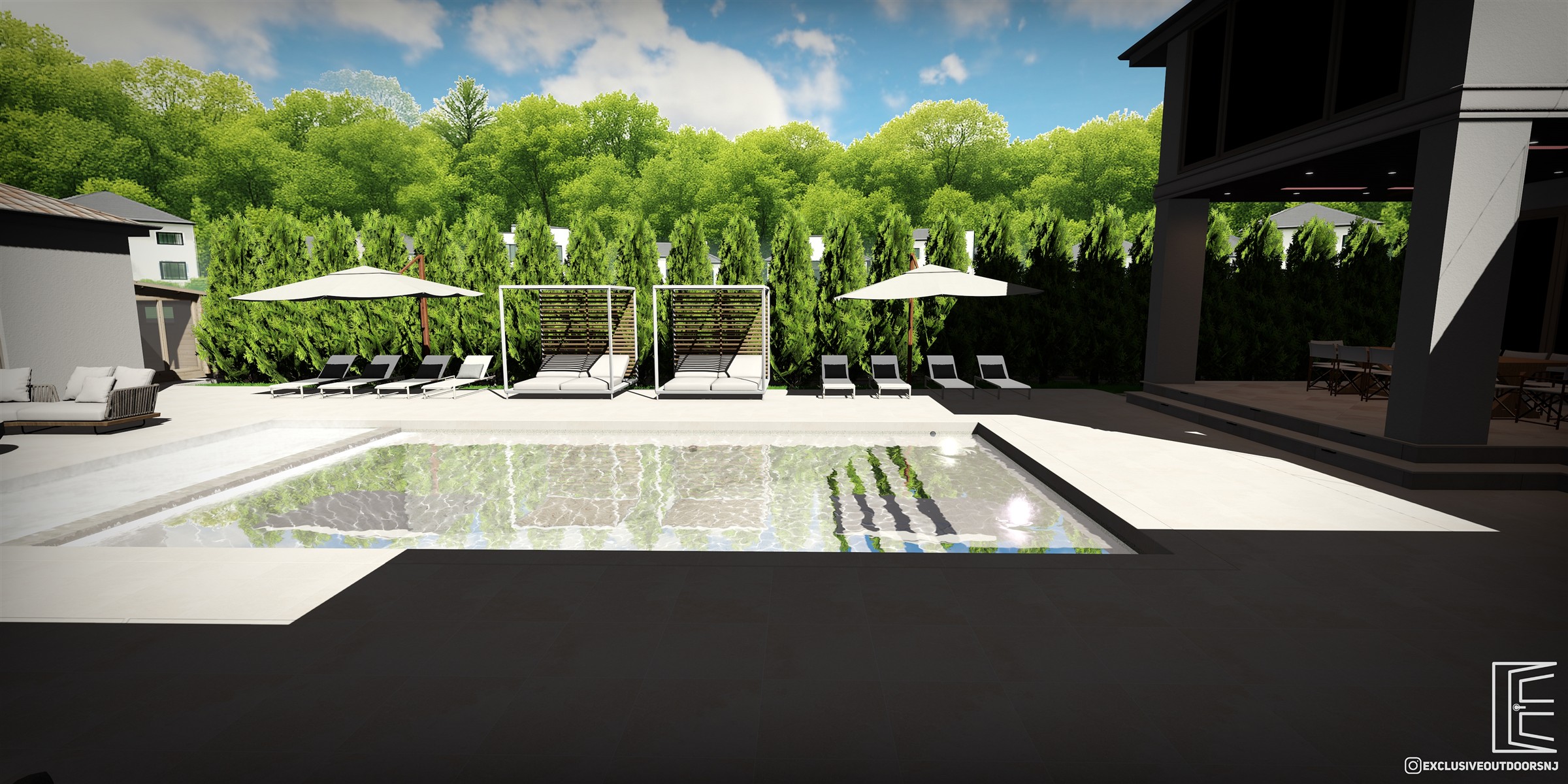 Exclusive Outdoors 3D design of a pool terrace with lounge seating and a modern home
